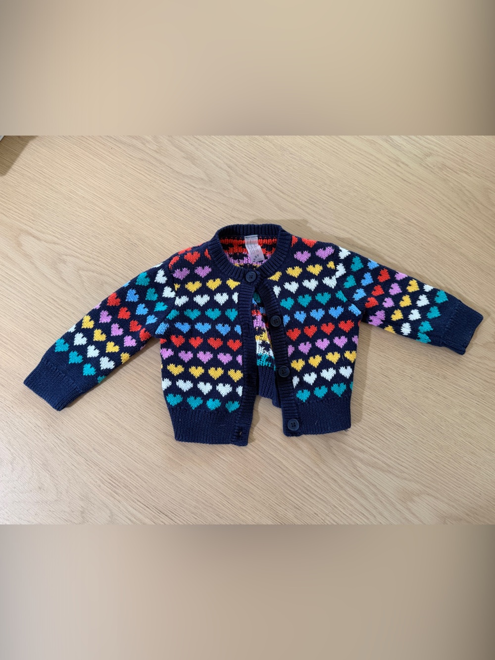 Primary Navy Cardigan with Multicolor Heart Pattern